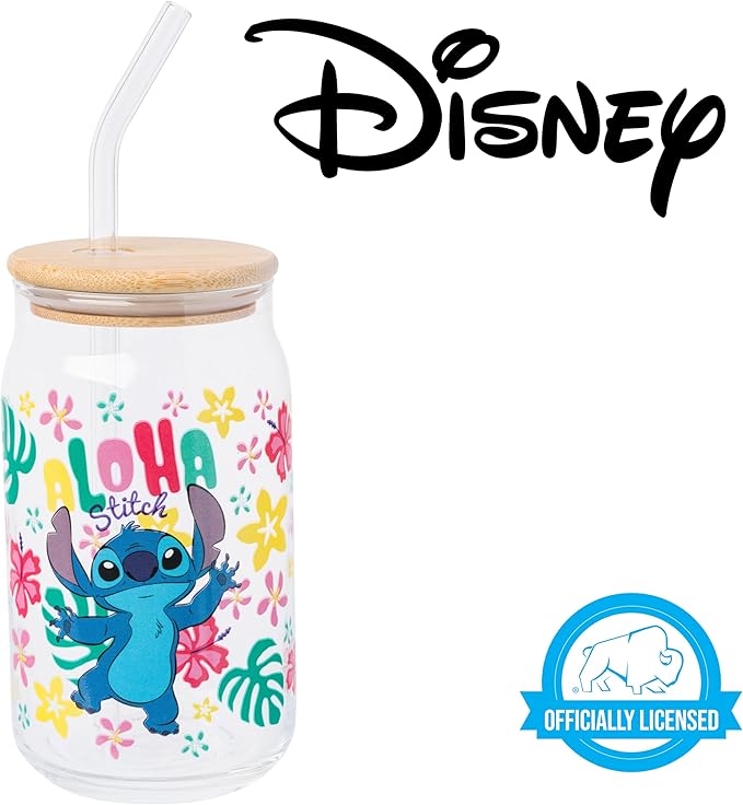 Silver Buffalo Disney Lilo and Stitch “Aloha” Tropical Hawaiian Glass Jar Tumbler with Bamboo Lid and Glass Straw, 16 Ounces