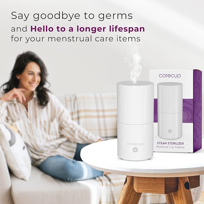 Menstrual Cup Sterilizer - Modern Menstrual Cup Cleaner Unscented Sanitizer - 2-Minute Automatic Steam Wash - Holder Fits Small Soft & Large Period Disc - Steamer Wipes Out 99.9% of Germs