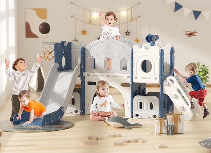 YUFU 8 in 1 Kids Slide for Toddlers Age 1-3, Kids Playset with Basketball Hoop and Ball, Indoor Outdoor Playground
