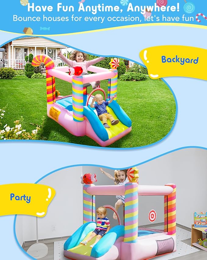 Candy Bounce House for Kids Ages 3-6, Sweet Inflatable Bouncy Castle with Slide, Indoor Outdoor Small Jumping House, Mini Toddler Bounce Castle for Birthday Gifts and Holidays(Without Blower)