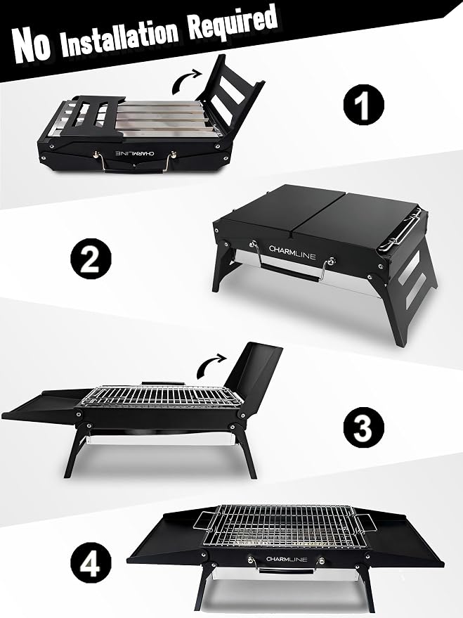 Charmline 15x11 inches Portable Charcoal Grill, Compact Portable BBQ Grill, Tabletop Charcoal Grills for Camping, Picnics, Gardens and Beach Parties, Black