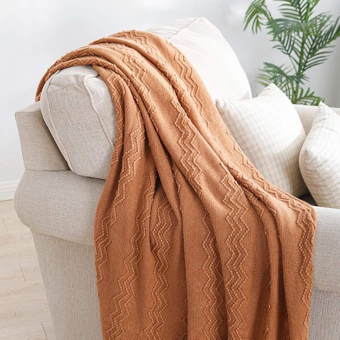 BOURINA Almond Throw Blanket 50x60Inch Boho Knitted Soft Throw Sofa Blanket | Knitted Throw Blanket 50x60 Inches, Soft Lightweight Boho Weave Throw Decorative Couch Blanket for Living Room Bedroom Chair