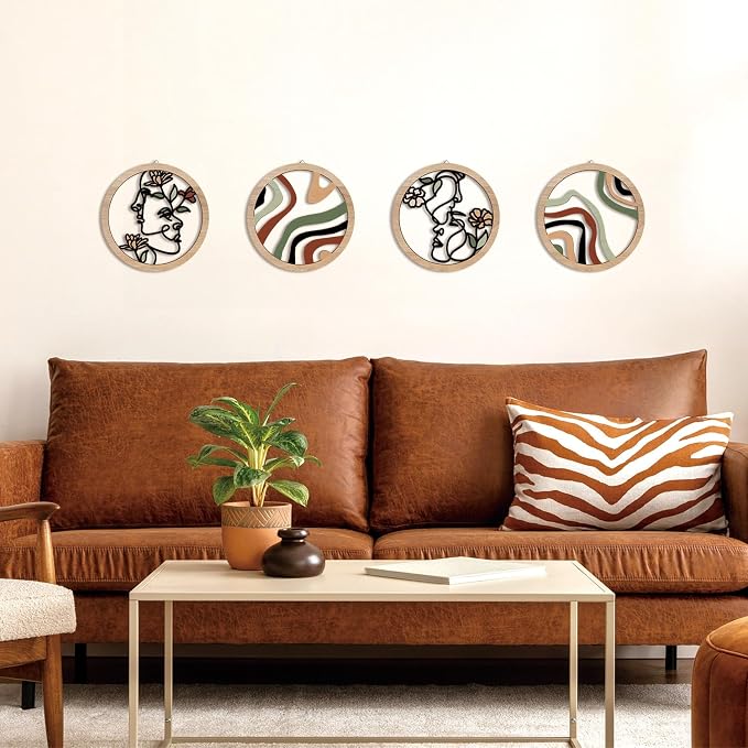 Boho Fashion Woman Wall Decor, Abstract Geometric Line Hanging Wooden Wall Art, 4 Pieces 10''x10'' Minimalist Aesthetic Female Women Face and Floral Wood Sign for Bedroom Living Room, Lady Gift