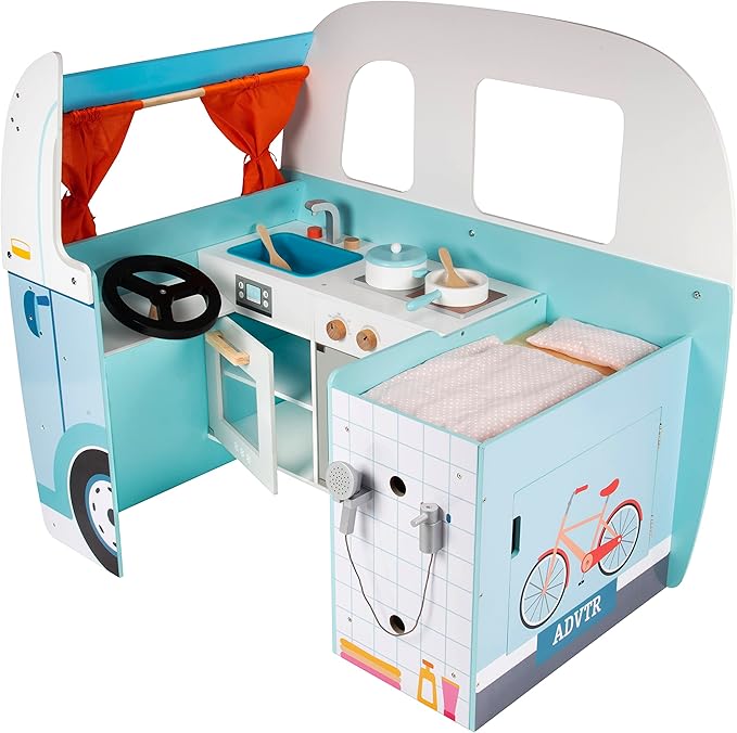 Wooden Play Camper Van Toy Playset w Steering Wheel, Kitchen, Stove, Oven, Bed, Pillow, Pretend Shower, Curtains, Personalization Stickers- Indoor Retro Car Camping, Travel RV Adventure- Ages 3+ Gift