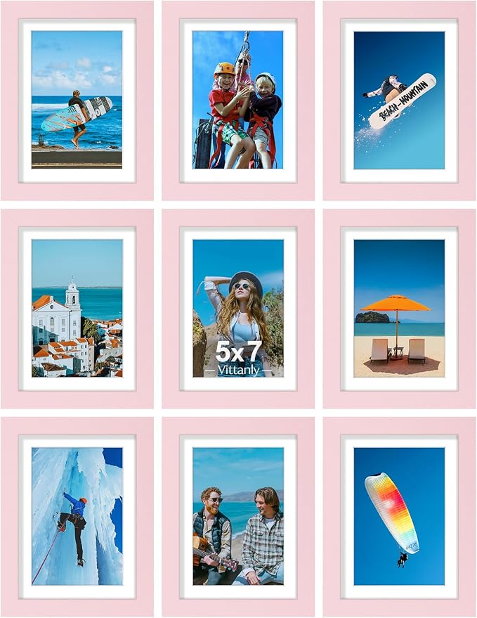 Vittanly 5x7 Picture Frames Set of 9 for Wall or Tabletop Display, Pink | Display Pictures 4x6 with Mat or 5x7 without Mat, Small Photo Frames, Engineered Wood with Shatter Resistant Plexiglass
