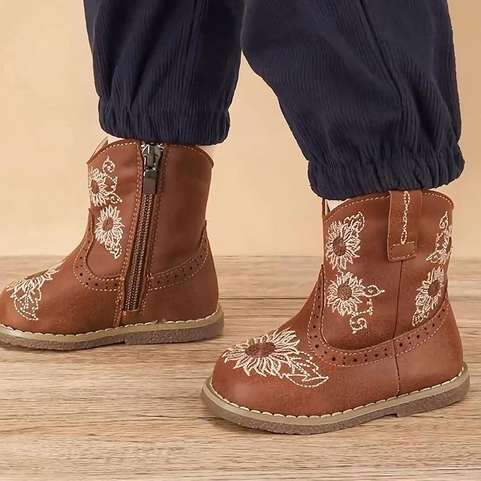 Newsonet Baby Cowboy Cowgirl Boots Infant Western Boots Toddler Boys Girls Round Toe Riding Mid Calf Boots All Seasons for 6 9 12 18 24 Months