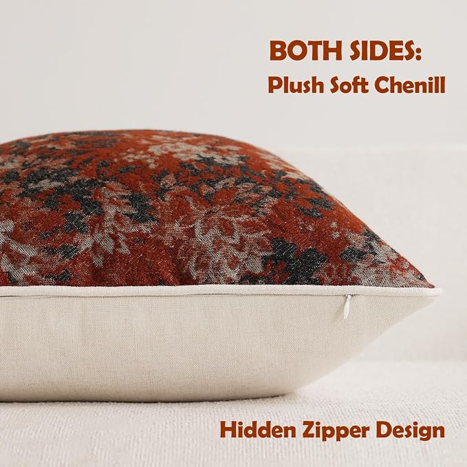 Pack of 2 Vintage Floral Euro Sham Covers 24x24 Boho Farmhouse Accents Chenille Square Decorative Throw Pillow Cases for Living Room Couch Bed Home Decor, Rust