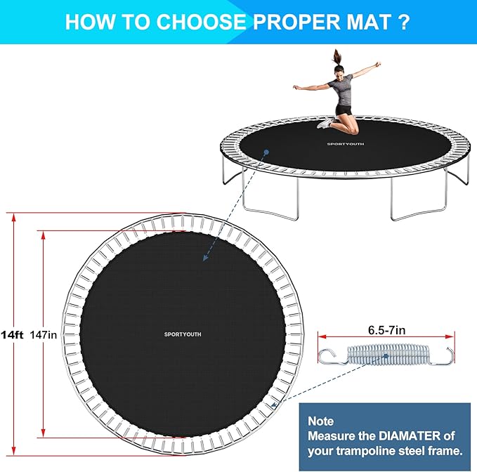 SPORTYOUTH Trampoline Replacement Mat, Fits 12ft 14ft 15ft Round Trampolines Frame with 72/88/96 V-Rings Using 5.5/6.5/7 in Springs, Water-Resistant, UV Resistant, Good Jumping Bounce
