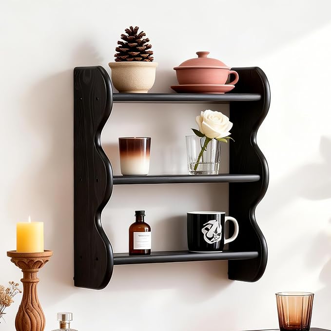 100% Solid Wood Floating Shelf, Vintage Wall Shelves Wall Mounted Storage Rack 3-Tier, Farmhouse Decor Hanging Shelf Display Shelves for Apartment, Living Room and Bedroom