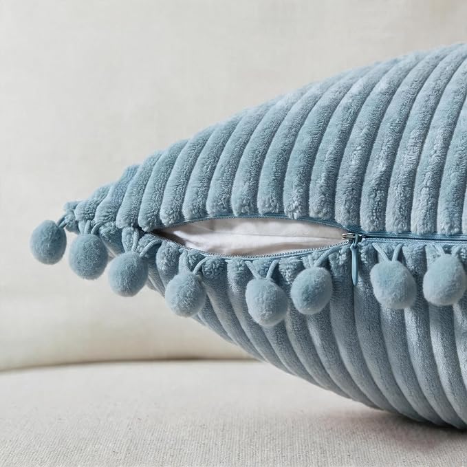 Fancy Homi Set of 2 Light Blue Decorative Throw Pillow Covers 14x14 Inch with Pom-poms for Couch Bed Sofa, Modern Farmhouse Boho Home Decor, Soft Plush Corduroy Cute Baby Blue Cushion Case 35x35 cm