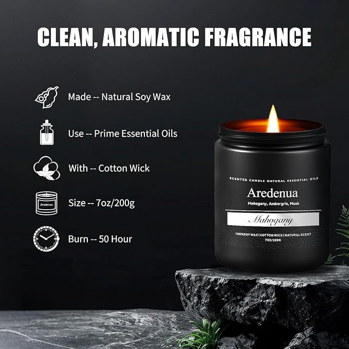 Mahogany Candle | Masculine Candles for Men, Manly Gifts for Men - 7oz Soy Candle for Home Scented - Scented Candles for Home, Aromatherapy Gifts for Him - 50H Long Lasting Burn Time