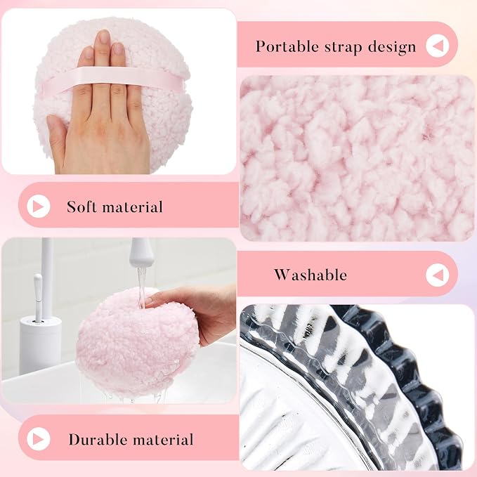 Tioncy 2 Pcs Extra Large Dusting Powder Puff and Container for Women-6'' Glass Crystal Dusting Powder Container with Body Soft Washable Reusable Velour Face(Gray,Classic)