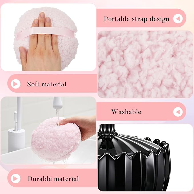 Tioncy 2 Pcs Extra Large Dusting Powder Puff and Container for Women-6'' Glass Crystal Dusting Powder Container Soft Washable Reusable Velour Face(Black,Scalloped)