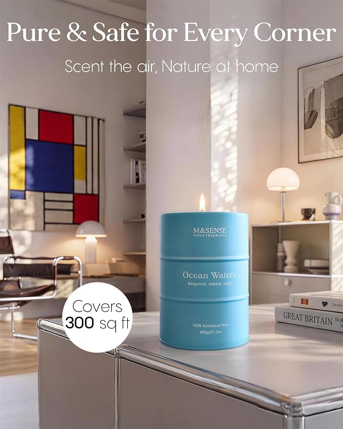 M&SENSE Ocean Waters Scented Candles Large Beach Candle, Summer Soy Candles 21.2oz 120 Hour Slow Burning,Aromatherapy Candle for Stress Relief Meditation Relaxing