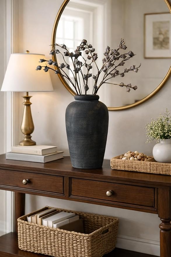 Vaseking Large Ceramic Rustic Vase, 11 inch Minimalist Decorative Farmhouse Tall Vase for Home Decor, Living Room, Shelf Decor, Enterway, Wedding, Table Decoration, Bronze