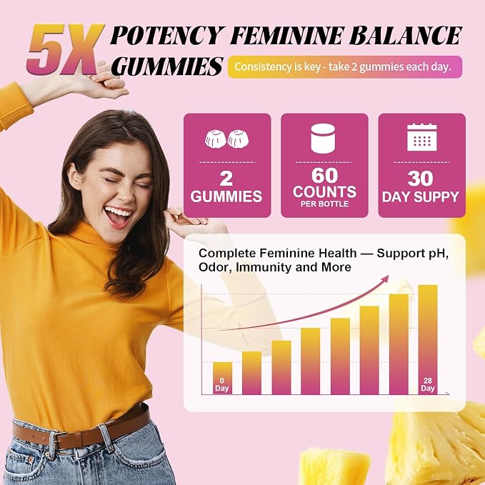 2PCS 9-in-1 Sugar Free Feminine Probiotics Gummies - pH Balance, 50 Billion CFU Vaginal Probiotic Gummies w/ Prebiotic, Slippery Elm, Cranberry, for Vaginal, Urinary Tract, Gut, Hawaiian Pineapple