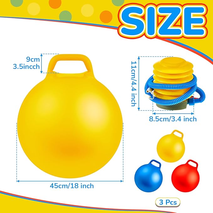 Lewtemi 3 Pcs 18 Inch Inflatable Bouncy Hopper Ball Large Round Jumping Balls with Handles for Kids Hopping Toys for 6 Years Old and Above Children Boy Girl(Yellow, Blue, Red)