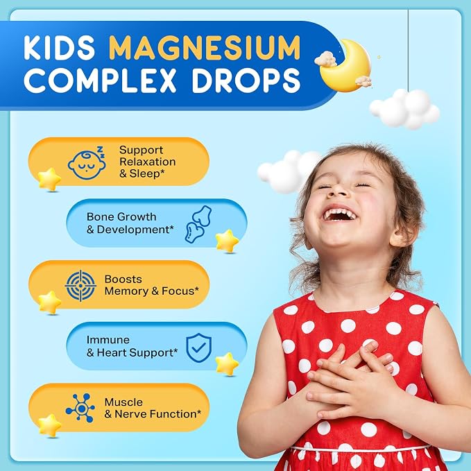 Kids Magnesium Liquid Drops - Magnesium Glycinate Liquid for Kids, Magnesium Supplement with L-Theanine, Calcium, Zinc, Vitamin D3 K2 for Sleep Calm Relaxation Brain Bones, Pineapple Flavor 2 Fl Oz
