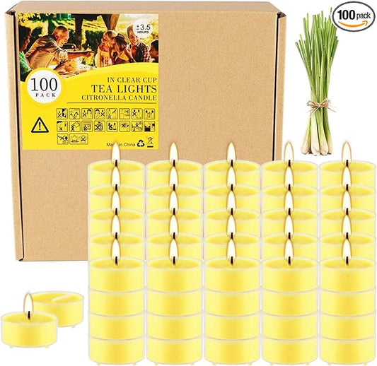 Fclayvts 3.5-Hour 100 Pack Citronella Tealight Candles, Outdoor and Indoor Summer Scented Candle,Natural Soy Wax Candle for Home Patio Garden Yard Balcony,BBQ Birthday Emergency
