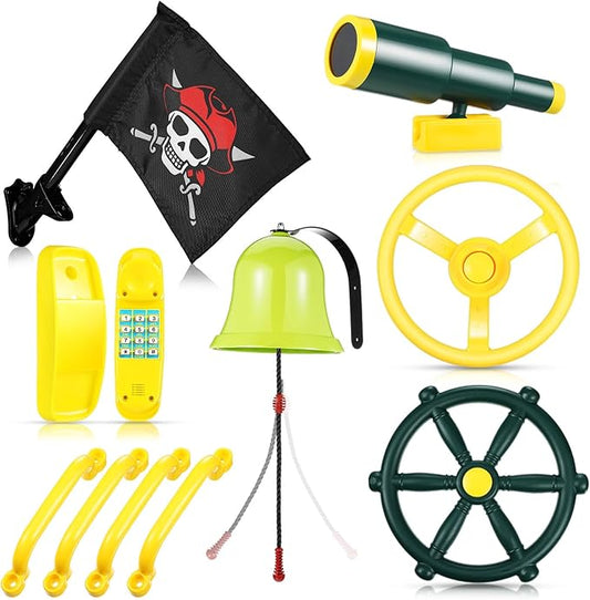 Foilswirl Swing Set Accessories Outdoor Playground Accessories Backyard Playground Equipment with Telephone, Ship Wheel, Telescope, Bell, Safety Handle Bars, Pirate Flag for Playhouse (Yellow, Green)