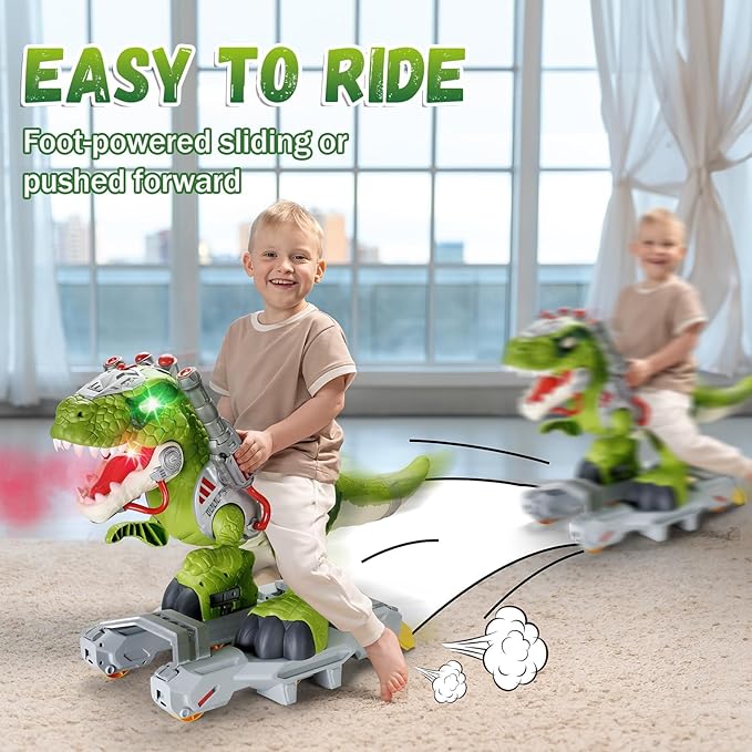 Dinosaur Ride On Toy Cars for Kids, Toddler Electric Ride On Toys with Music, Light & Smoke, 3-5 Year Old boy Gift, Preschool Kids Scooter Foot-to-Floor Walker for Indoor Outdoor