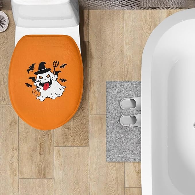 Halloween Ghost Toilet Seat Cover, Flannel Soft DustProof Toilet Lid Cover, Fits Most Most Round, Elongated and Oblong Toilet Lid Cover