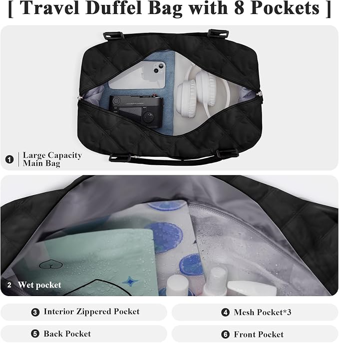 Travel Duffel Bag, Carry On Overnight Weekender Bags for Women | Travel Bag with Wet Pocket & Trolley Sleeve, For Spirit Airlines 18x14x8 Personal Item Bag