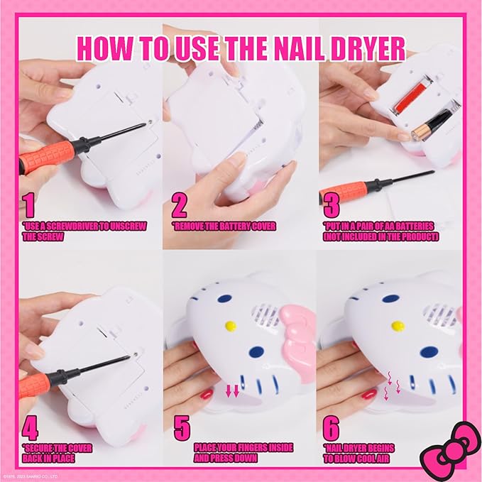 Hello Kitty 8 Pack Non-Toxic Peel-Off Shimmer and Opaque, Water-Based Safe Nail Polish Set with Nail Dryer for Kids, AA Batteries Not Included, Ages 3 and Up by Townley Girl
