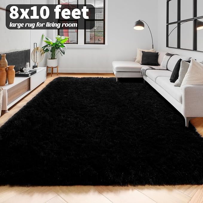8x10 Black Rug for Living Room Bedroom, Large Big Fluffy Modern Area Rugs for Kids Room Decor Aesthetic, Shaggy Furry Floor Carpet for Dorm Office Playroom Nursery Classroom, Baby Teen Boys Men Rug