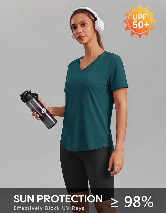 PINSPARK Soft Workout Tops for Women Short Sleeve V Neck Moisture Wicking UPF 50+ Sun Protection Quick Dry Gym Shirts