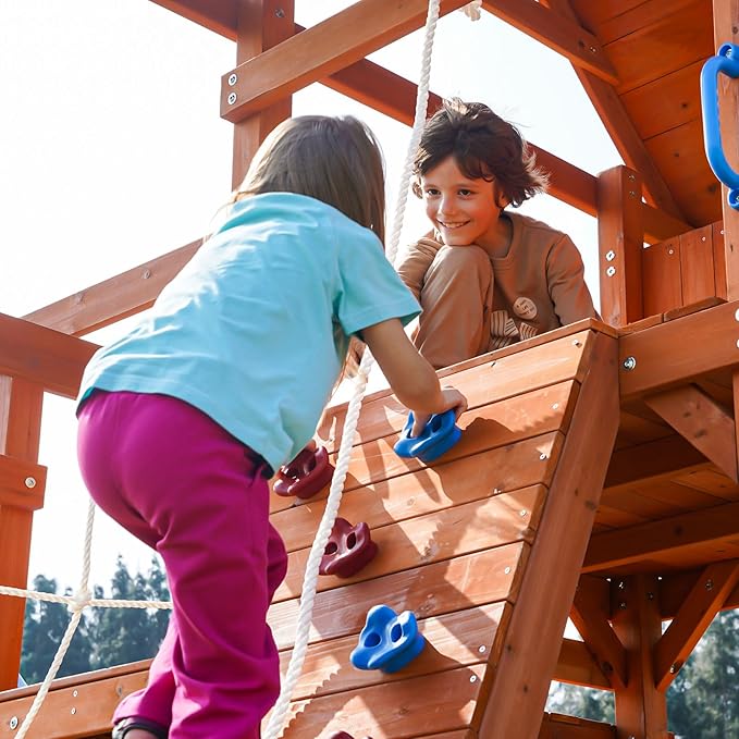Dolphin Playground Wooden Swing Sets, Monkey bar, Plank Bridge with Rope Mesh, 2 Wave Slides, Large Climbing Wall, Outdoor Table, Saucer Swing, Playground Sets for Backyards, Outdoor Playset