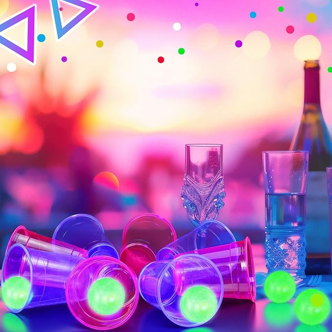 32 Pcs Glow in The Dark Party Table Tennis Game Set Include 24 Pcs Glowing Plastic Cups and 8 Balls for Indoor Outdoor Party Event Birthdays Weddings BBQ Parties