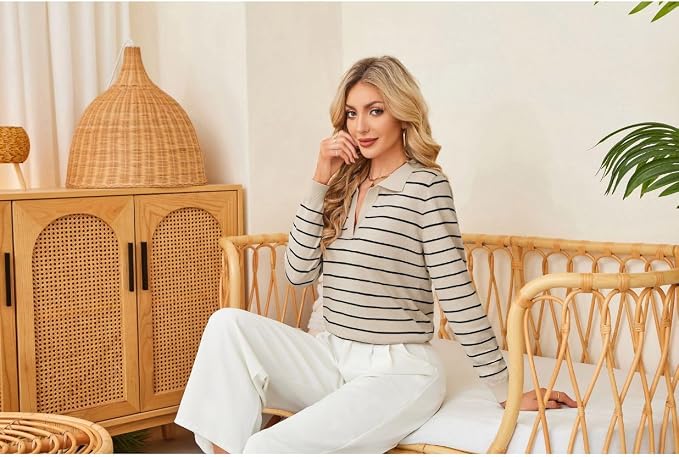 Women's Long Sleeve Classic V Neck Casual Fall Winter Polo Sweater Tops | Basic Collared Knitted Fashion Work Business Formal Daily Wear Versatile Pullover Shirts