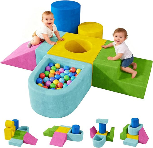 Teckid Toddler Climbing Toys, 7-Piece Colorful Foam Blocks, Indoor Soft Play Gym for Crawling, Climbing and Sliding, Modular Play Set Ages 1-3, No Ball Included
