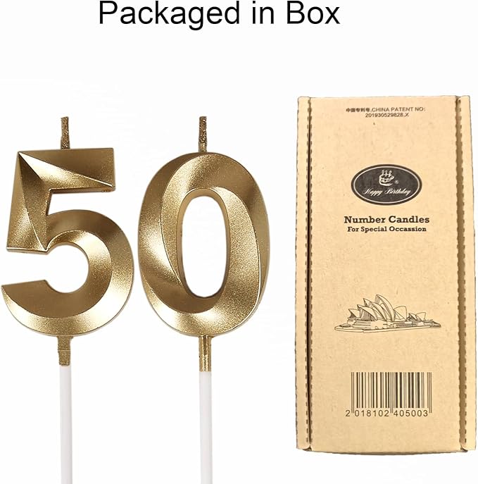 50th Birthday Candles,Gold Number 50 Cake Topper for Birthday Decorations Party Decoration