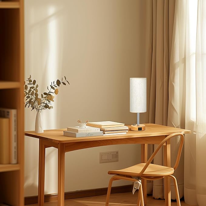 Fenmzee Small Touch Table Lamps Set of 2-3-Way Dimmable, USB A + C Charging, AC Outlet, Wood Grain Base, Bulbs Included