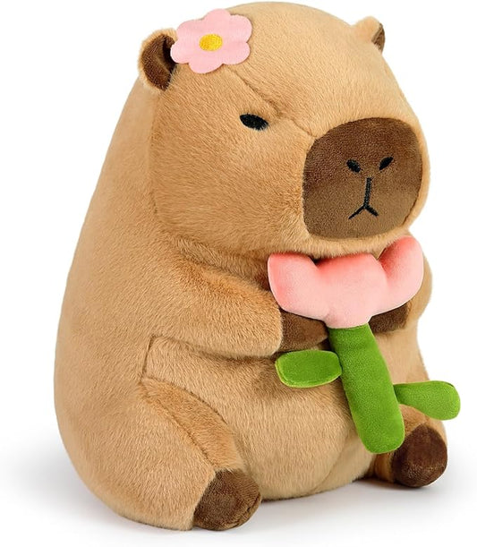 Ditucu Cute Capybara Plush Pillow Holding Flower Capibara Stuffed Animal Plushies Toys for Gifts for Kids Girlfriend Brown 13.7 inch