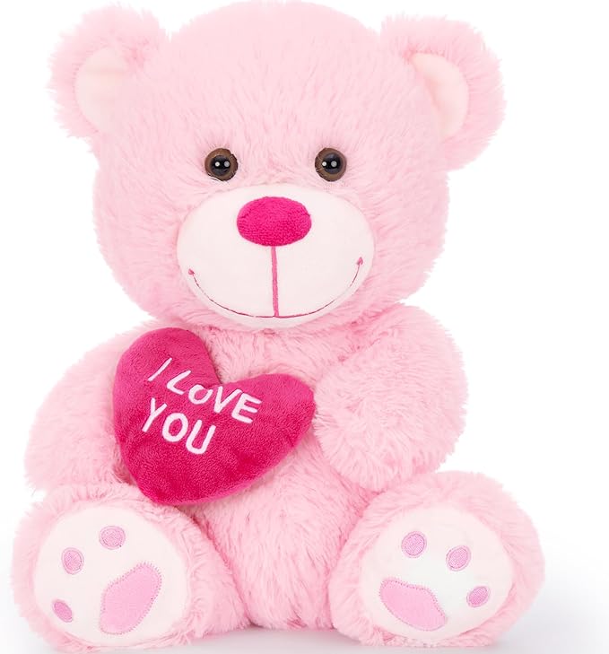 MaoGoLan Small Teddy Bear with Red Heart, I Love You Valentines Teddy Bear Stuffed Animal Pink,Velvet Red Heart Bear Gift for Kids,Girlfriend,Wife,12"