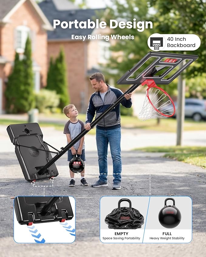 IGL Portable Basketball Hoop, 5.6-10FT Adjustable Basketball Goal System, 40/44 Inch Outdoor Basketball Hoop & Goals for Kids, Youth, and Adults in The Backyard, Driveway with PC Backboard