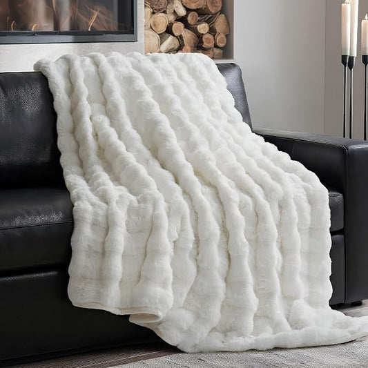 Faux Rabbit Fur Bubble Throw Blanket, 50"x60", Bright White | Ultra Soft, Luxury Faux Rabbit Fur Throw, Thick Warm Bubble Blanket, Cozy Fluffy Reversible, for Bed, Couch, Chair, Sofa