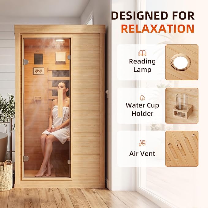 Wood Infrared Home Sauna Room, 1 Person Traditional Indoor Saunas, Canadian Hemlock Dry Sauna Spa for Low EMF with Tempered Glass Door, Bluetooth Speakers and Control Panel, 32.6 x 27.5 x 59.5 Inch