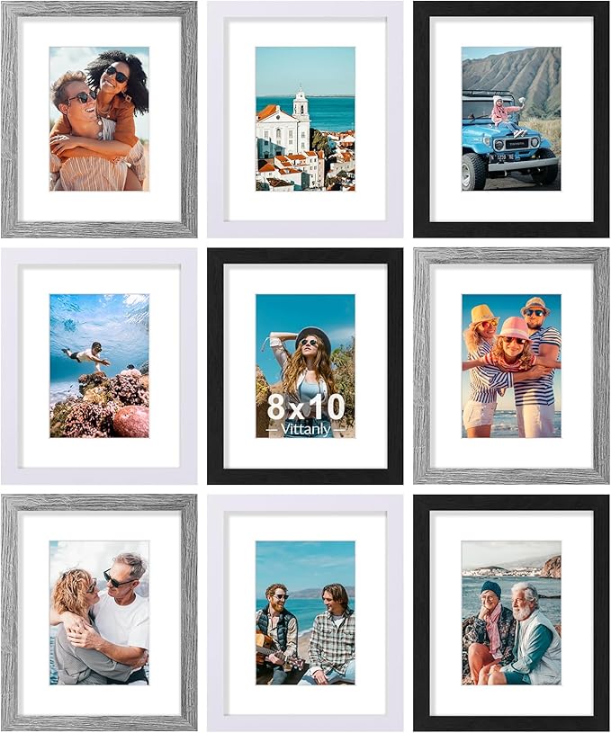 Vittanly 8x10 Picture Frames Set of 9, Wall & Tabletop, Black&Grey&White | Display Pictures 5x7 with Mat or 8x10 without Mat, Small Photo Frames, Engineered Wood with Shatter Resistant Plexiglass
