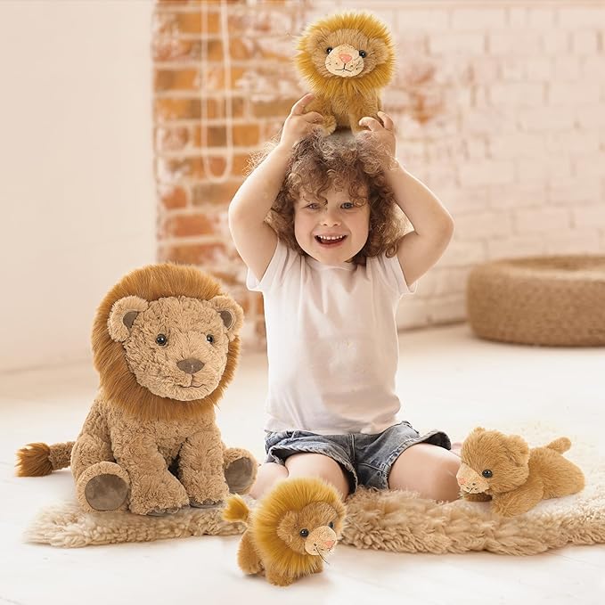 Tezituor 4 Piece Lion Plush Set 17.7 Inch Large Lion Stuffed Animals, Back Zipper Unzip Inside 3 Cute Little Lions, Soft Cuddle Lion Plush Boys Girls Birthday Gift Forest Party Decoration