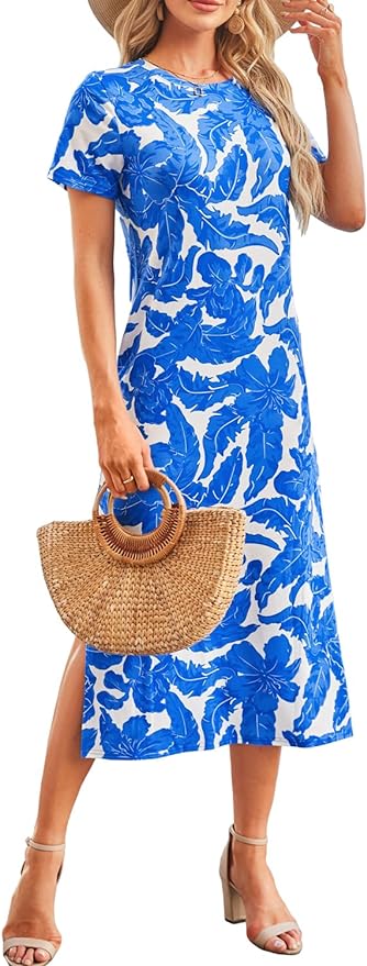 Naggoo Women's Casual T Shirt Midi Dress with Side Slit and Pockets