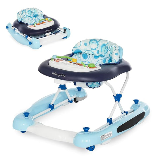 Dream On Me Go-Getter Baby Walker with Rear Push Handle, 2-in-1 Activity Walker and Walk-Behind, 3 Height Adjustments, Easy to Fold, Machine-Washable Seat Pad, Detachable Fun Tray, Blue