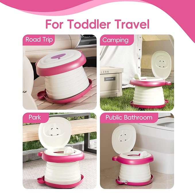 Travel Potty Seat for Toddler, Foldable Car Potty for Toddler with 5 Rolls of Potty Liners, Potty Pads, Portable Toilet Seat for Kids, Portable Potty Seat for Toddler Travel, Camping and Outdoor Use