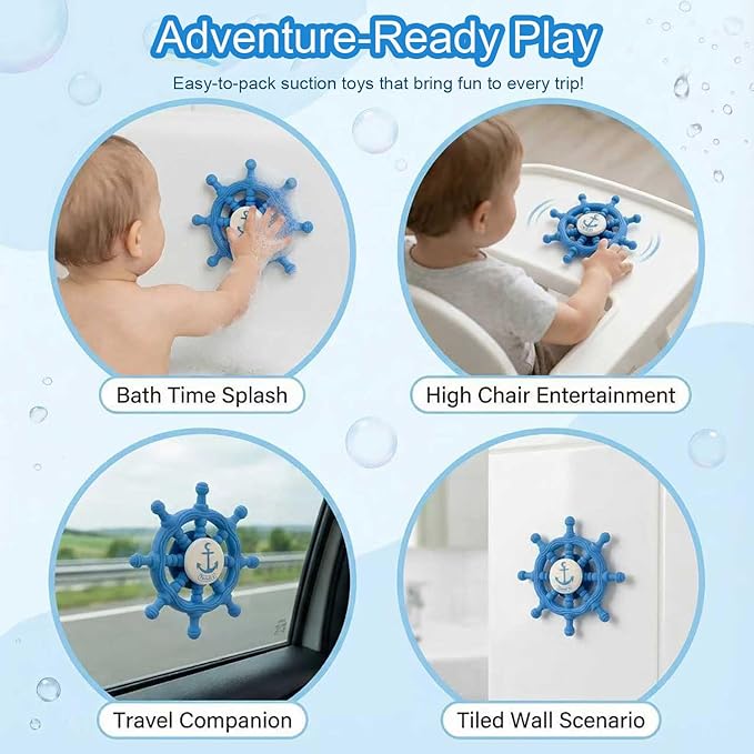 Baby Suction Spinner Toys for Bathtub, Silicone Toddler Bath & High Chair Toys for 1 Year Old Boy/Girl Birthday Gift, Interactive Ship Steering Wheel InfantToy for Car Window Travel