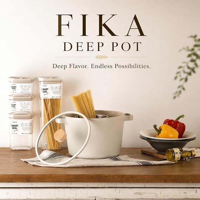 Fika NEOFLAM FIKA Deep Stock Pot for Stovetops and Induction | Glass Lid with Wood Knob | Made in Korea (8.7in / 4.9qt)