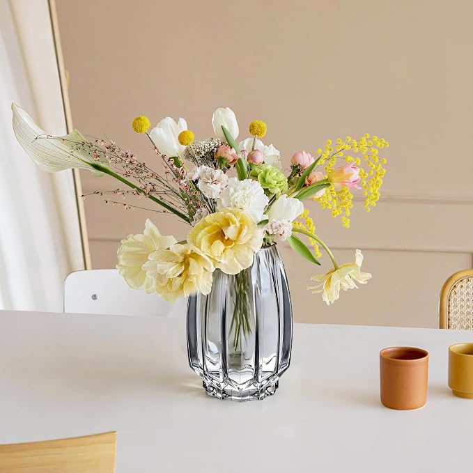 Glass Vase for Flowers - Hand Blown Flower Vase for Centerpieces, Wide Mouth Vase for Bouquets, Eucalyptus, Pampas Grass - Home Decor, Farmhouse, Dining Table