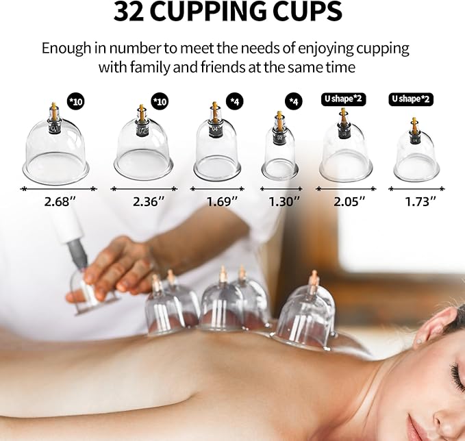 Cupluw Cupping Kit for Massage Therapy - 32 Cups Professional Chinese Cupping Set with Magnetics, Vacuum Cupping Therapy Set for Cellulite Reduction Muscle Pain Relief with Manual Pump